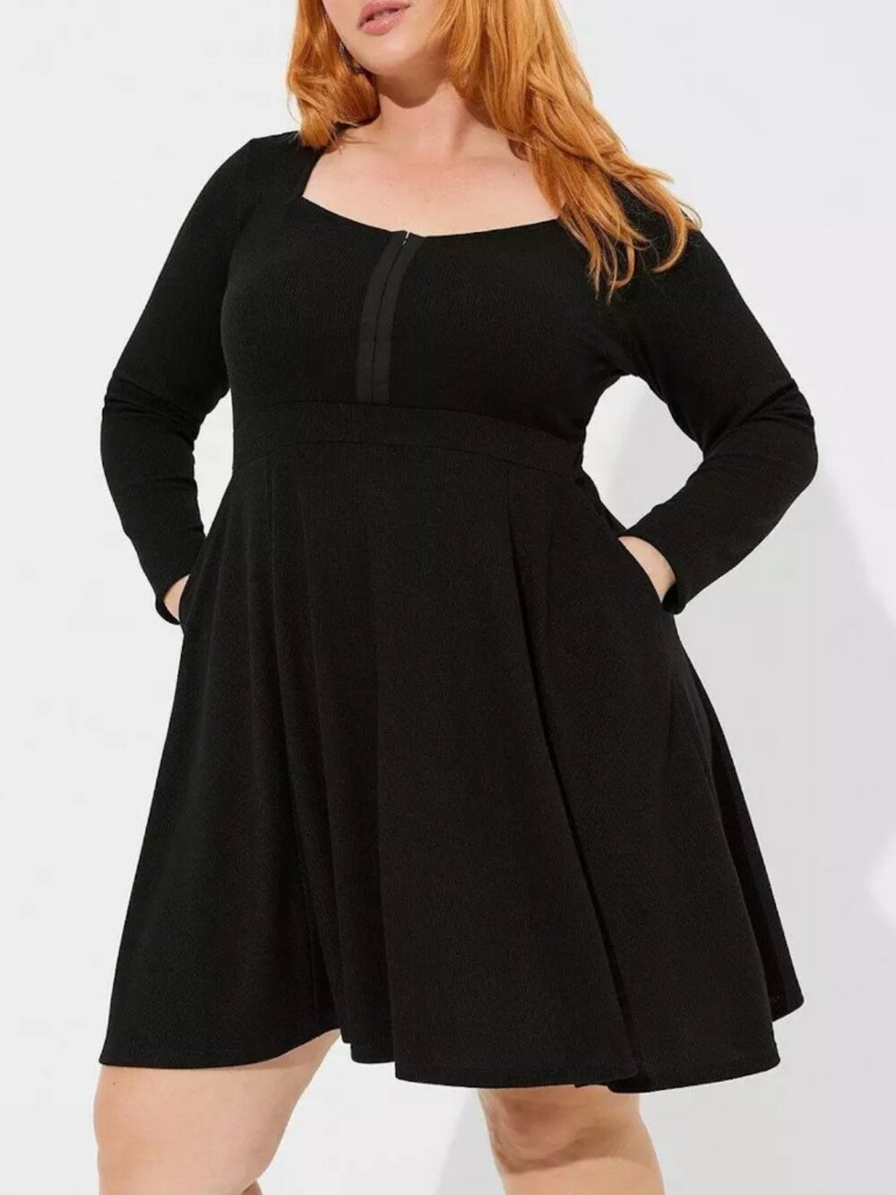 TORRID 1 Plus Size Mini Waffle Long Sleeve Skater Dress Solid Black Fit & Flare
